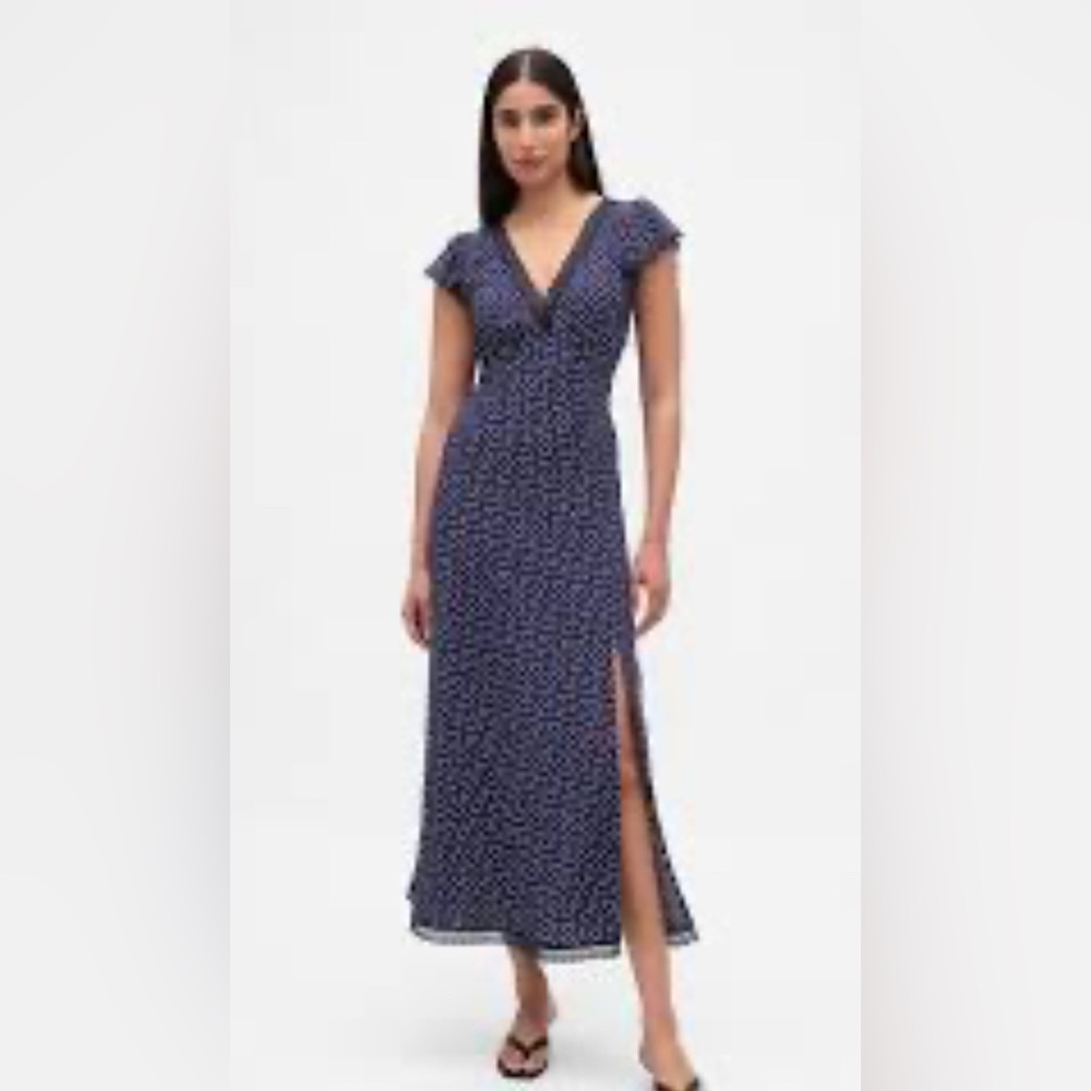 Lace-Trim V-Neck Crepe Maxi Dress
